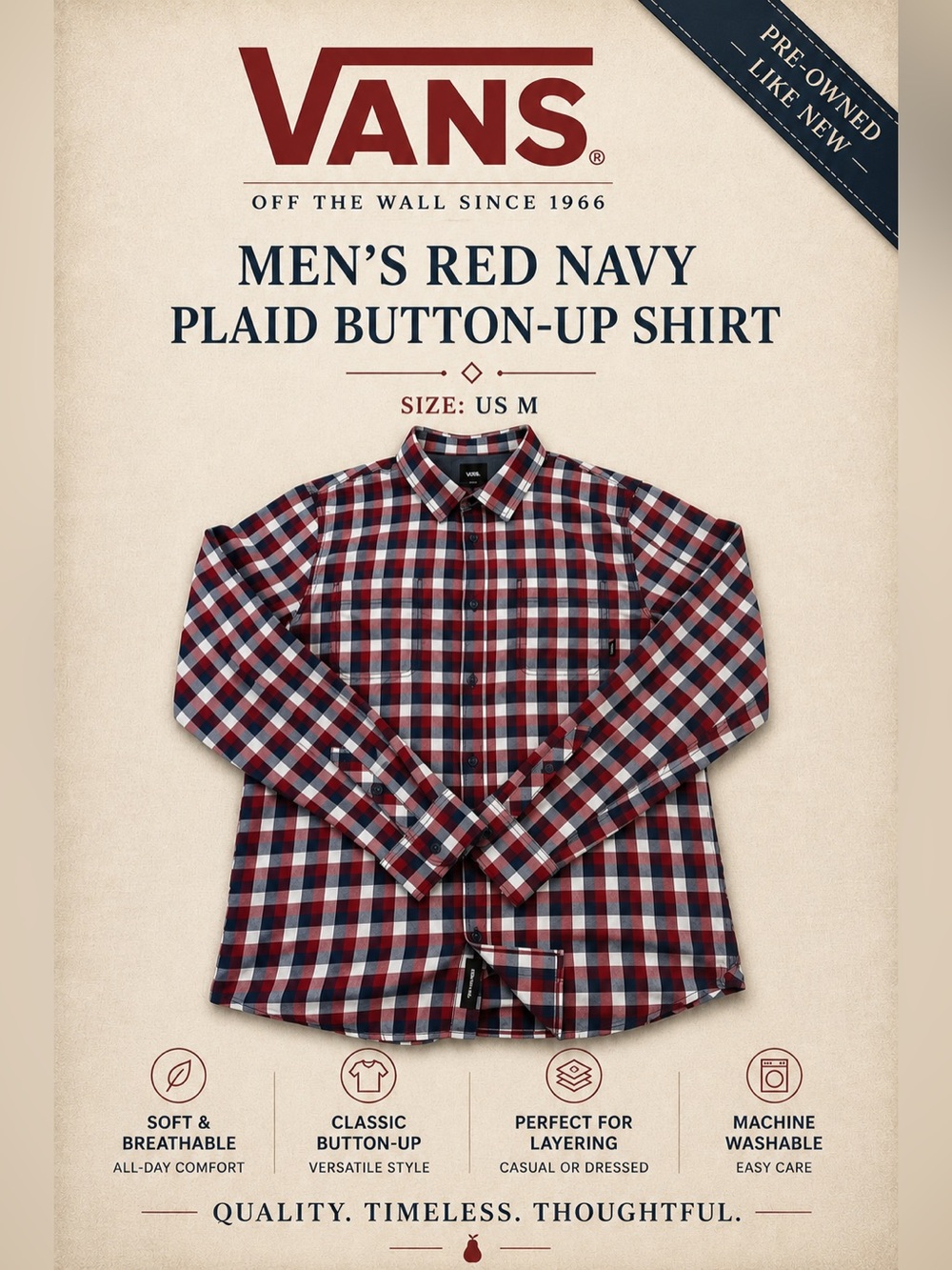 Vans Men’s Red Navy Plaid Button-Up Shirt